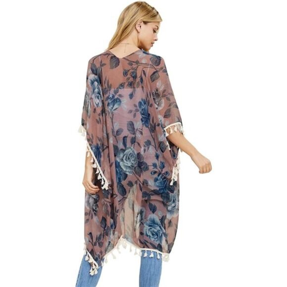 Mauve Floral Print Fringe Open Kimono Shawl Cardigan Kaftan Poncho Cover Up Vest - Picture 3 of 5